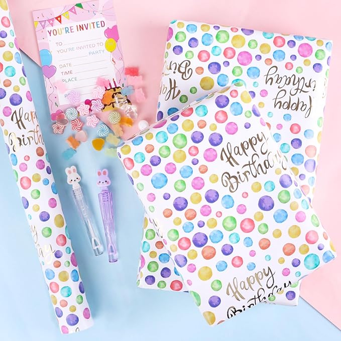 KIMOBER Birthday Wrapping Paper Roll,Colourful Paper with polka dot Gold Happy Birthday and Cut Lines on Reverse(17in×33ft Roll)