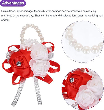MECCANIXITY 8Pcs Wrist Corsage Artificial Flower Bracelets Rose Wrist Bride Groom Decorative for Wedding Ceremony Prom Party Anniversary Red