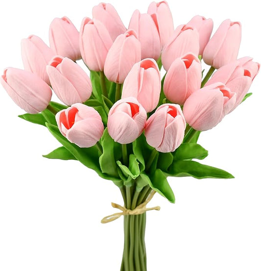 Mandy's Artificial Tulips 20 Stems Light Pink PU Faux Flowers for Thanksgiving and Christmas Decorations Wedding Home Decor 13.5 Inch