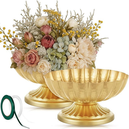 2 Pcs Metal Compote Bowl for Centerpiece Flower Holder Small Compote Vase Indoor Outdoor Flowers Fruits Plant for Christmas Wedding Home Party Decoration (Medium,Bright Gold)