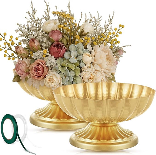 2 Pcs Metal Compote Bowl for Centerpiece Flower Holder Small Compote Vase Indoor Outdoor Flowers Fruits Plant for Christmas Wedding Home Party Decoration (Medium,Bright Gold)