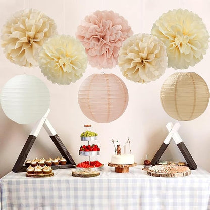 Champagne Beige Paper Flowers Tissue Pom Poms Honeycomb Lanterns 15pcs Party Decorations for Boho Fall Rustic Birthday Baby Shower Neutral Autumn Wedding Bridal Hanging Decor Mprocherify