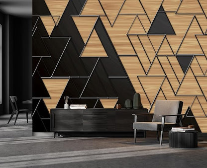 Cliouar-Geometric Illustration Dark Gray and Gold Triangles with Embossed Lines Peel and Stick 90" x 67"