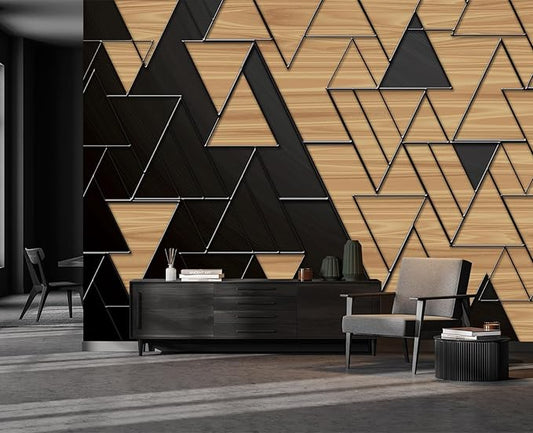 Cliouar-Geometric Illustration Dark Gray and Gold Triangles with Embossed Lines Peel and Stick 90" x 67"