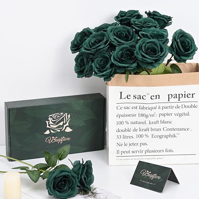 Waipfaru 16 Pcs St Patricks Day Roses, Long Stem Fake Roses Artificial Flowers, Silk Flowers for Valentines, Roses Bouquet Peacock Green Home Decor