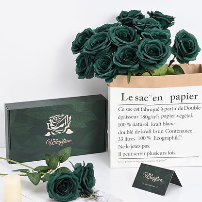 Waipfaru 16 Pcs St Patricks Day Roses, Long Stem Fake Roses Artificial Flowers, Silk Flowers for Valentines, Roses Bouquet Peacock Green Home Decor