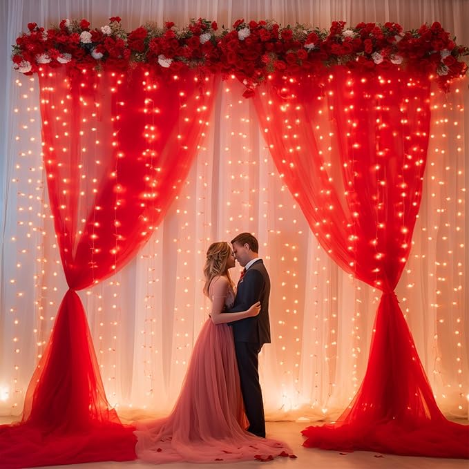 10x10ft Red Tulle Backdrop Curtain with Lights String for Parites, Sheer Backdrop Curtains for Christmas Wedding Baby Shower Birthday Party Photo Shoot Decorations