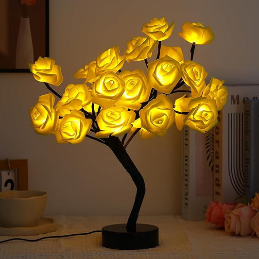 Drawelry Rose Flower Tree Lamp - LED Rose Tree Table Lamp USB/Battery Powered Artificial Bonsai Flower Night Light for Bedroom Living Room Party Wedding Birthday Decor (Yellow)