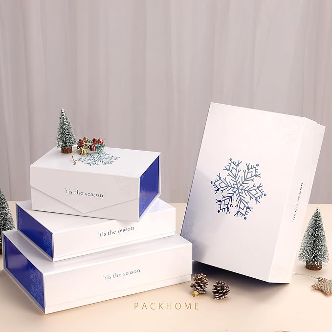 PACKHOME Large Christmas Gift Box 13.5x9x4.1 Inches, Sturdy Collapsible Gift Box with Magnetic Closure Lid (Blue Snowflake Pattern)
