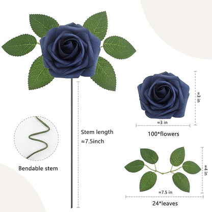100Pcs Navy Blue Artificial Flowers Roses Real Looking Foam Fake Roses with Leaves and for DIY Wedding Bouquets Bridal Shower Centerpieces Party Decorations (Navy Blue, 100)