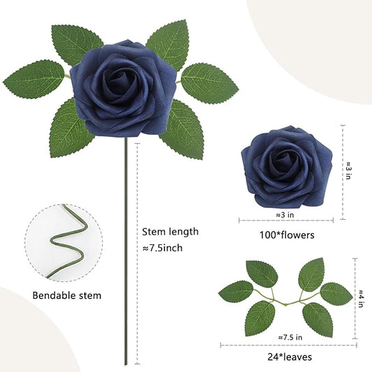 100Pcs Navy Blue Artificial Flowers Roses Real Looking Foam Fake Roses with Leaves and for DIY Wedding Bouquets Bridal Shower Centerpieces Party Decorations (Navy Blue, 100)