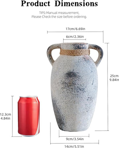 Ceramic Flower Vase with 2 Handles,9.8 inch Large Farmhouse Rustic Terracotta Vases for Decor，Gray