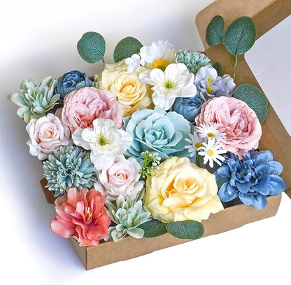 ASTRYAS Artificial Flowers Combo Fake Roses Silk Peonies Colorful Flowers for DIY Wedding Bridal Bouquets Table Centerpieces Floral Arrangements Party Baby Shower Home Decor - Sege Green/Yellow/Pink