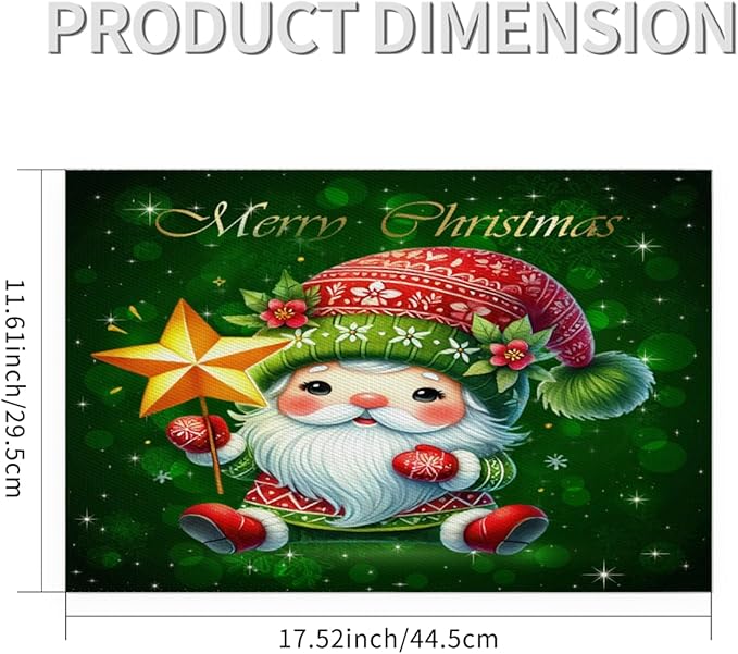 Xmas Christmas Green Santa Claus Placemats Set of 4 PVC Vinyl Non Slip Table Mats Heat Resistant Place Mats Washable Wipeable Dining Table Mat for Kitchen Decor Party Indoor Outdoor Decorative Gift