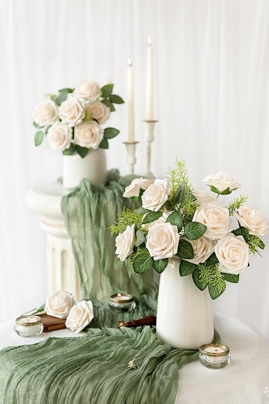 Ling’s Moment Artificial Flowers 25Pcs Glowing Cream Roses Decor w/Stems,3" Real Touch DIY Foam Floral for Wedding Bouquet/Centerpieces, Outdoors Party Backdrop, Room/Table, and Garden/Pot Decorations