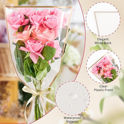 Mauproy 50 Pack White Flower Bags for Bouquets, 17.7 x 10.9 Inches Plastic Flower Sleeves Clear Front Floral Wraps with Ribbons for Christmas Florist Packaging Supplies