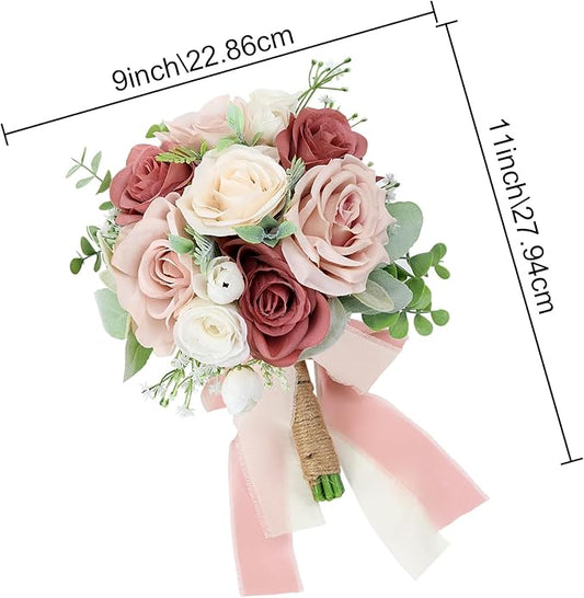 Set of 6 Bridesmaid Bouquets for Wedding - 7 Inch Artificial Flowers Bouquets for Ceremony Anniversary Centerpieces Decorations - Pink and White