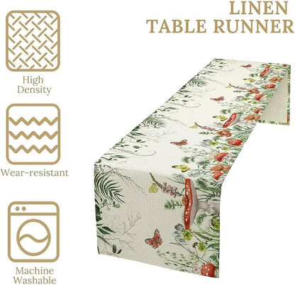 Watercolor Mushroom Table Runner, Boho Vintage Green Plant Butterfly Wildflower Eucalyptus Leaf Print Table Cover for Home Holiday Party Indoor Outdoor, 13x90inch