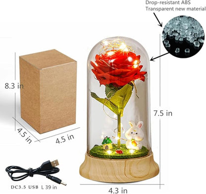 Levvohd Red Roses from Daughter for Mom Mothers Day, Beauty and The Beast Rose, with LED Light Up Plastic Rose in Dome, for Wife Grandma Christmas Day Valentine Day Birthday for Her Gift (Rabbit)