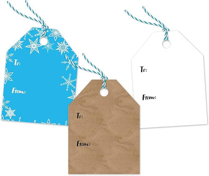 Pro Supply Global 24 Count of 2.5 Inch x 3 Inch Pre Strung Chirstmas Lights Gift Tag Assorted Printed Designs on Large Cardstock Gift Hang Tags - Ideal to Use on Bags