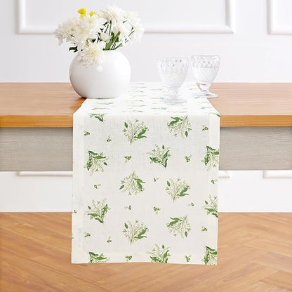 Solino Home Lily Floral Print Table Runner 120 Inches Long - 100% Pure Linen Table Runner 14 x 120 Inch - Lily of The Valley/White Print
