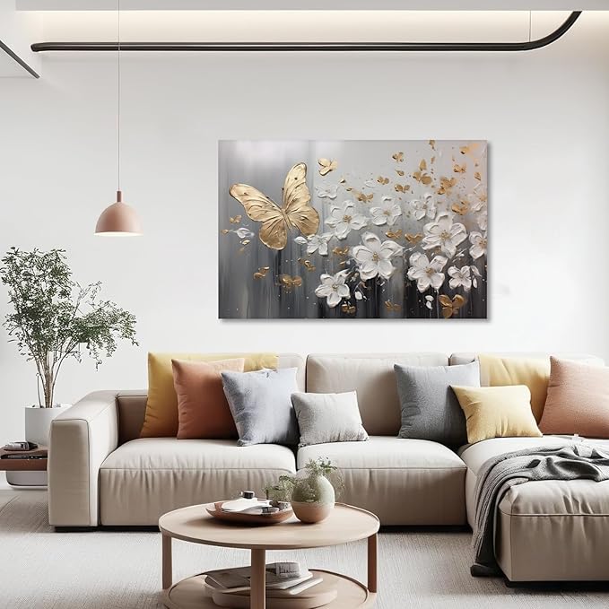 KPLUNDO Glod Butterfly Wall Art White Flower Canvas Prints Wall Decor Gray Poster Landscape Picture Modern Artwork Home Decor for Office Living Room Bedroom Bathroom Decoration(Art-1,16.00x24.00 inch)