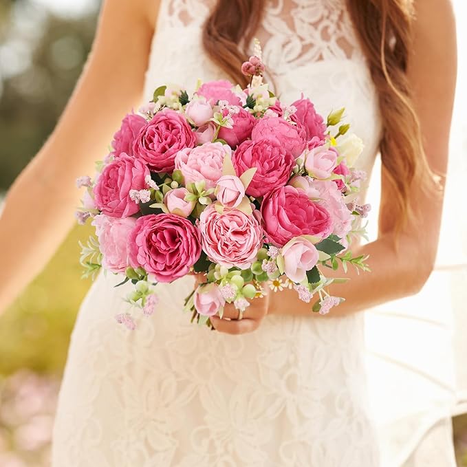 Artificial Peonies Silk Flowers, Pink Faux Peony Bouquet 2 Bundles Florals Arrangements Decor for Farmhouse Home Boho Wedding Table Centerpiece, Fake Plastic Flower Bulk for Vase Decoration (Mix Pink)