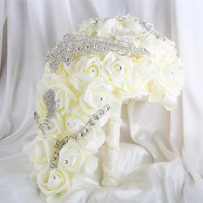 Wedding Bouquets for Brides or Bridesmaids Brick and Stone Decoration Pearl Embellishment Roses Bridal Bridesmaid Wedding Hand Bouquet Artificial Fake Flowers.(Cream)