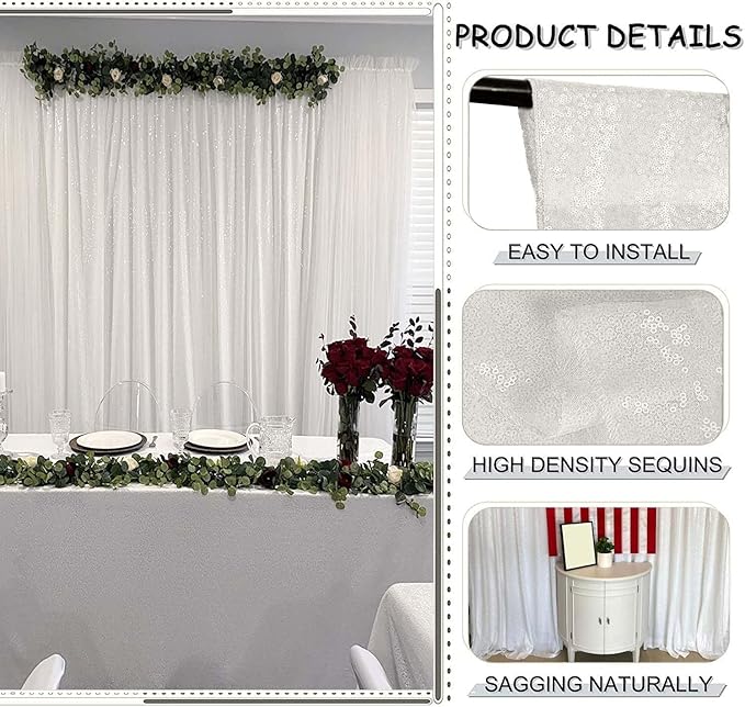 White Sequin Backdrop Curtain 4FTx8FT 2 Panels Sequin for Parties Glitter White Backdrop Curtain for Wedding Baby Shower Photo