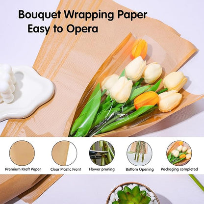 llqjjhh 50Pcs Flower Bags for Bouquets,Kraft Wrapping Bags,Floral Sleeves Wrapping Paper,9.8x18 Inch with Ribbons，for Home,Mother’s Day,Wedding,Birthday,Graduation,Flower Bar Supplies（Brown）