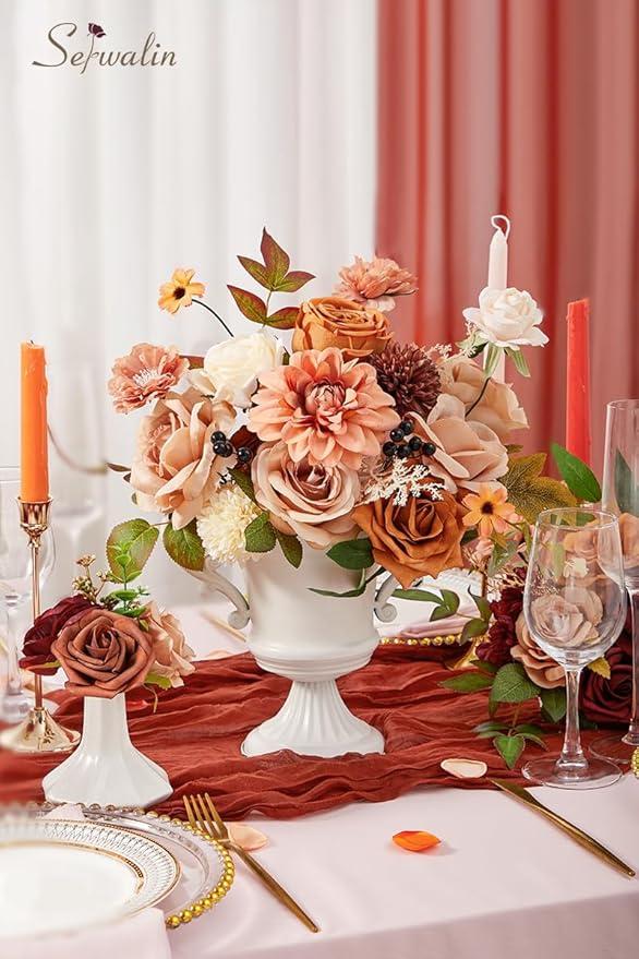 Serwalin Orange Fall Flowers for Decoration, Artificial Flower Centerpieces Decor Autumn Floral Arrangements, Fake Flower Boho Decor DIY Terracotta Flowers