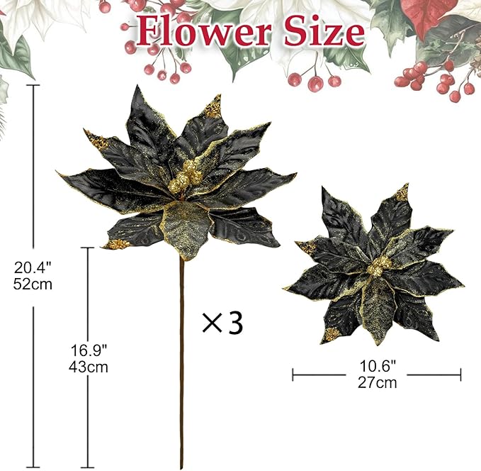 DILATATA 3 Pcs Artificial Christmas Flowers 11 Inch Glitter Poinsettia Picks Christmas Tree Ornaments Topper Decorations Black Poinsettias Flowers for Xmas New Year Wreath Garland Wedding Party Decor