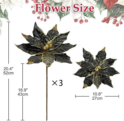 DILATATA 3 Pcs Artificial Christmas Flowers 11 Inch Glitter Poinsettia Picks Christmas Tree Ornaments Topper Decorations Black Poinsettias Flowers for Xmas New Year Wreath Garland Wedding Party Decor