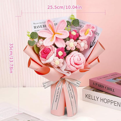 Crochet Flowers Bouquet, Handmade Knitting Crochet Flowers, Tulips Flower and Calla Lily Bouquet for Birthday, Gifts for Women, Valentines (Pink)