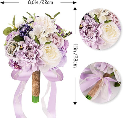 Lavender Purple Wedding Bouquets for Bride Bridesmaid,Lilac Bridal Bouquet Artificial Fake Silk Roses Flowers for Wedding Boho French Vintage Rustic Church Decoration Toss Bouquet (8.6in(M))