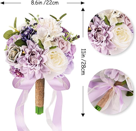 Lavender Purple Wedding Bouquets for Bride Bridesmaid,Lilac Bridal Bouquet Artificial Fake Silk Roses Flowers for Wedding Boho French Vintage Rustic Church Decoration Toss Bouquet (8.6in(M))