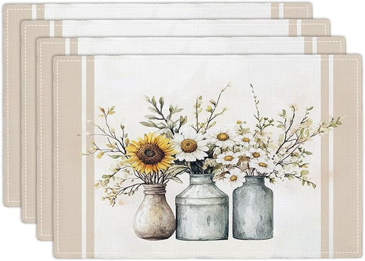 Farmhouse Sunflower Placemats Set of 4, Rustic Daisy Place Mats, Country Dining Table Mats, Washable Spring Placemats for Kitchen Dining Room Home Decor 18L'' × 12W''