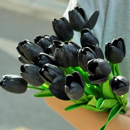 20 Pcs 13” Real Touch Black Tulips Artificial Flowers, Latex Pu Fake Faux Lifelike Flowers with Stems, for Halloween Home Decor Wedding Bouquet