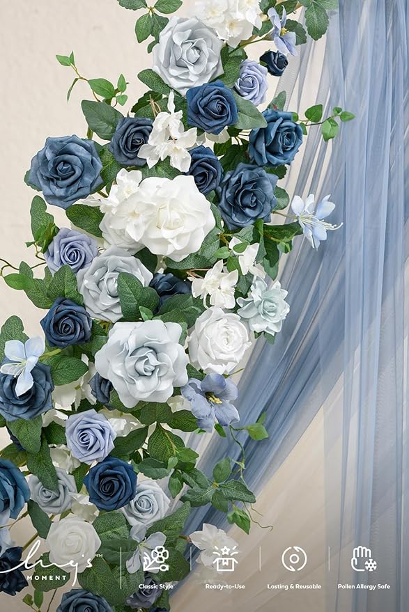 Ling's moment Wedding Arch Backdrop Stand with Flowers - 7.2FT Metal Arch Frame with Drapes for Ceremony Decor - Artificial Floral for Birthday Party, Bridal Shower, Spring Outdoor, Dusty Blue Navy