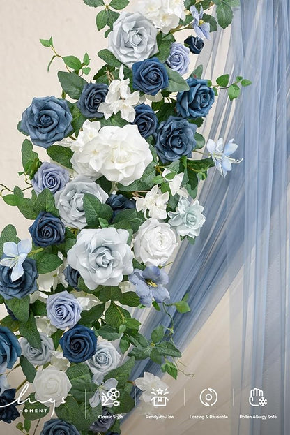Ling's moment Wedding Arch Backdrop Stand with Flowers - 7.2FT Metal Arch Frame with Drapes for Ceremony Decor - Artificial Floral for Birthday Party, Bridal Shower, Spring Outdoor, Dusty Blue Navy