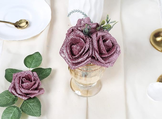 IPOPU Fake Roses,50PCS Rose Gold Flowers Artificial Glitter Roses with Stems for Crafts DIY Wedding Bouquet Home Party Decoration(Rose Gold)