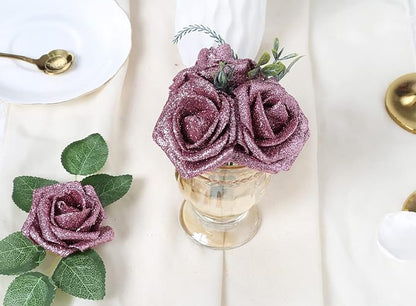 IPOPU Fake Roses,50PCS Rose Gold Flowers Artificial Glitter Roses with Stems for Crafts DIY Wedding Bouquet Home Party Decoration(Rose Gold)
