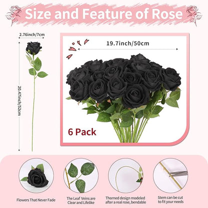 6 PCS Black Roses Artificial Flowers, Fake Roses Bouquet, Artificial Black Rose with Stems for Wedding Flowers Decoration, Valentines Day Mothers Day, Bridal Bouquet Rose
