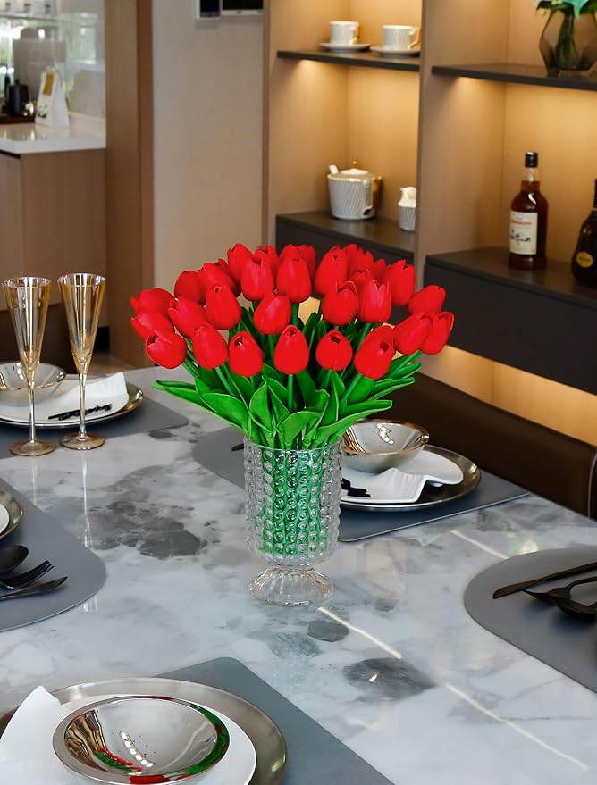 36 PCS Red Tulips Artificial Flowers 13" PU Fake Flowers for Wedding Home Decor (Red)