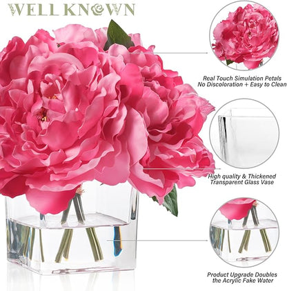 Artificial Peonies Flowers Arrangements in Cube Glass Vase, WELLKNOWN Silk Flower Centerpieces for Dining Room Table, Coffee Table Decor, Faux Peony Flowers with Faux Water (Fuchsia)
