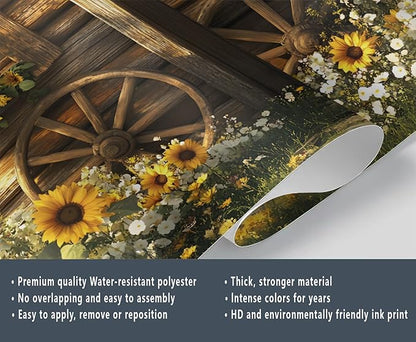 KIREUPA Rustic Cabin Sunflower Wall Mural, Vintage Cottage Door Sunflower 3d Wall Murals, Farmhouse Nature Wallpaper Mural, for Living Room Bedroom Large Wallpaper Indoor Decor 98.4" W x68.9 H