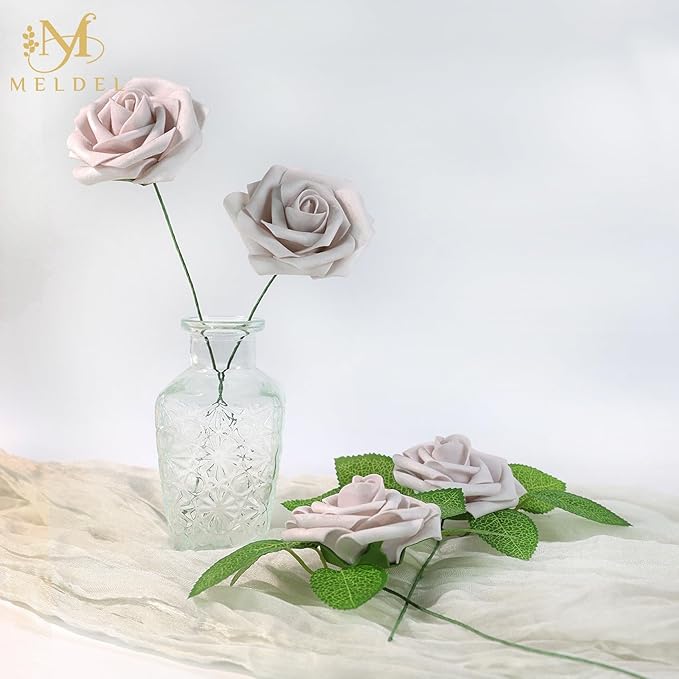 Meldel Artificial Flowers 25pcs Real Looking Dusty Violet Pale Lavender Foam Fake Roses with Stems for DIY Wedding Bouquets Bridal Shower Centerpieces Floral Arrangements Home Decorations Bulk Rose