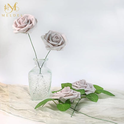 Meldel Artificial Flowers 25pcs Real Looking Dusty Violet Pale Lavender Foam Fake Roses with Stems for DIY Wedding Bouquets Bridal Shower Centerpieces Floral Arrangements Home Decorations Bulk Rose