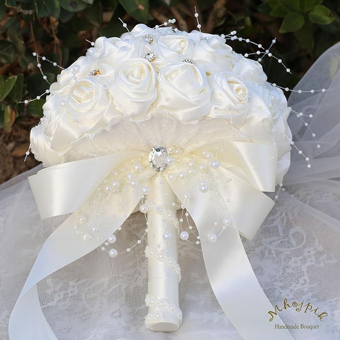 Bridal Wedding Bouquet Round Bling Brooch Bouquet Throw Toss Artificial Rose Flower Bunch for Bride Bridesmaid Wedding Quinceanera(Ivory, 7.5")