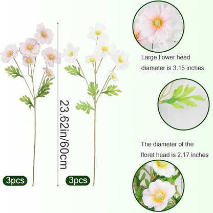 6 Pcs Artificial Flowers with Stems Faux Daisy Flowers Bouquet Pink Gardenia Silk Flowers for Home Decor Indoor Vase Outdoors Balcony Table Centerpiece Outside Floral Arrangements Wedding